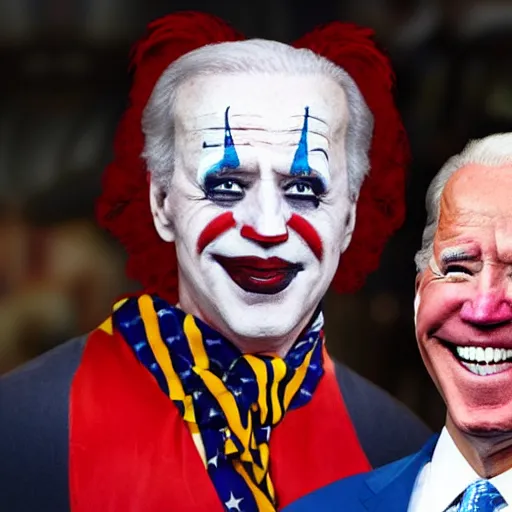 Image similar to Joe Biden with clown make-up all over his face inside a circus