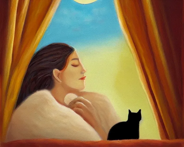 Prompt: a beautiful warm fuzzy painting of a woman curled up with a blanket, petting a cat who is purring with eyes closed. they are both sitting next to a window watching the sun set in winter.