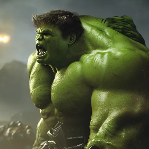 Image similar to ' donald trump as the hulk in gears of war, splash art, movie still, detailed face, maga, cinematic lighting, dramatic, octane render, long lens, shallow depth of field, bokeh, anamorphic lens flare, 8 k, hyper detailed, 3 5 mm film grain