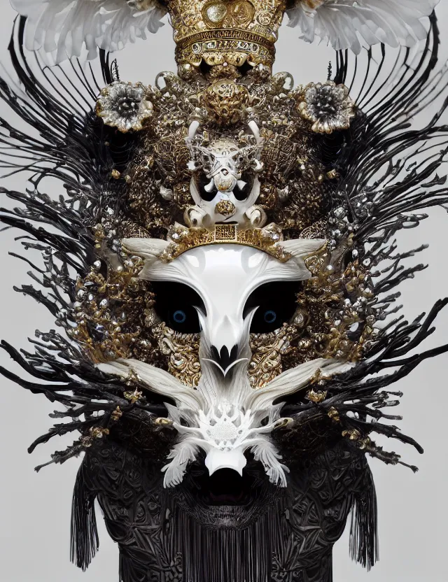 Prompt: goddess macro close - up portrait wigh crown made of ram skull. beautiful intricately detailed japanese crow kitsune mask and clasical japanese kimono. betta fish, jellyfish phoenix, bioluminiscent, plasma, ice, water, wind, creature, super intricate ornaments artwork by tooth wu and wlop and beeple and greg rutkowski