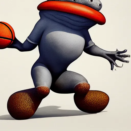 Prompt: a six foot tall anthropomorphic toad playing basketball, style of maurice sendak, painting, 4 k, artstation