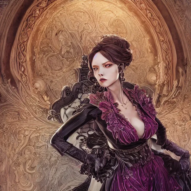 Image similar to the portrait of the lawful evil sorceress lawyer as an absurdly beautiful, conniving, elegant, jaded, woman, an ultrafine hyperdetailed illustration by kim jung gi, irakli nadar, intricate linework, bright colors, octopath traveler, final fantasy, unreal engine 5 highly rendered, global illumination, radiant light, detailed and intricate environment