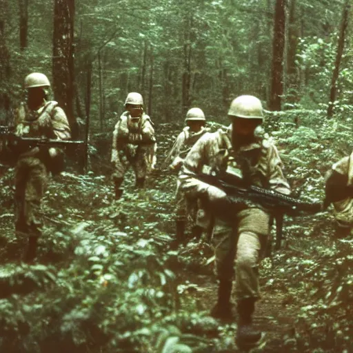 Image similar to wide shot, a squad of American Soldiers patrolling deep in the thick, forest, painting, colored, eerie, ominous, Lovecraftian, eldritch horror, 1969