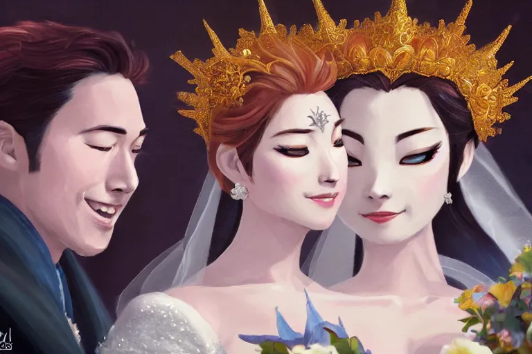 Image similar to a cinematic portrait of wedding photograph jpeg close up moment of a divine a japan sun god and moon goddess lovers magician at a wedding banquet. portraiture. digital painting. artstation. concept art. wedding photo. digital painting. frozen ii art masterpiece by art by krenz cushart