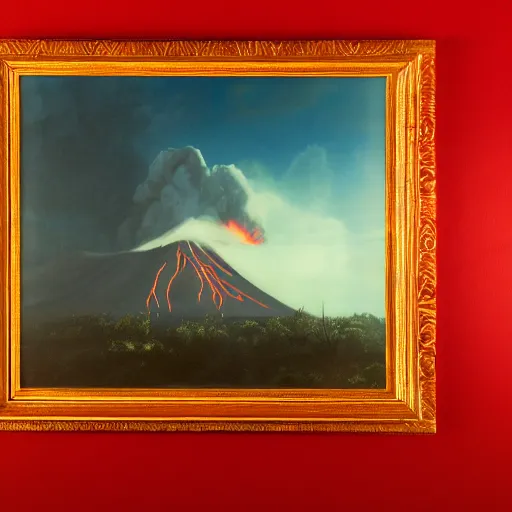 Image similar to matte painting of an erupting volcano surrounded by a sea of red glowing in the night, wise angle