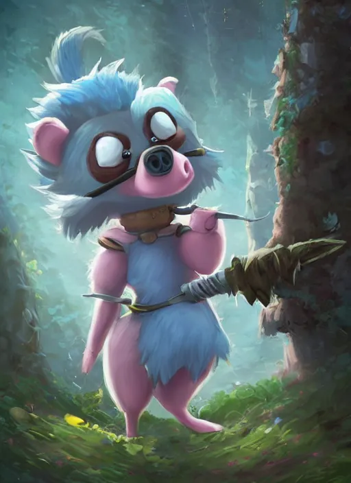 Prompt: very cute and adorable little anthropomorphic racoon knight princess, piglet, cartoon , fantasy forest, pale blue armor, pretty, DeviantArt, Artstation, trending on artstation, Yee Chong, Sydney Hanson, Mickael Lelièvre, Jaeyeon Nam, derevschikova