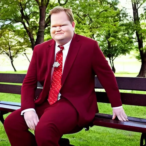 Prompt: andy richter wearing a brick red suit and necktie, sitting on a park bench holding a sandwich, golden hour afternoon
