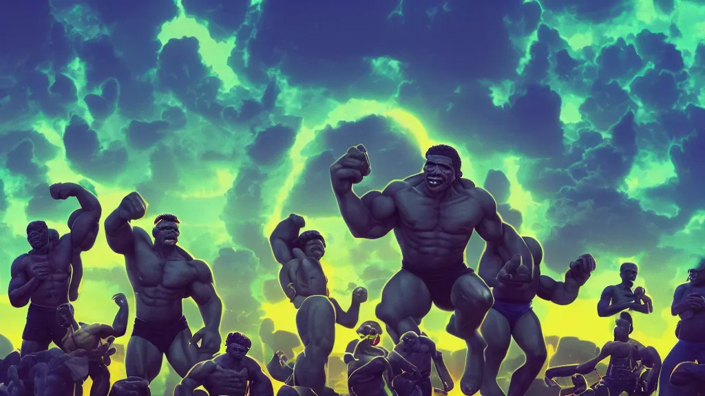 Prompt: a war between 1000s of (Flexing)Obama Hulks and the Sun by Beeple, 4K