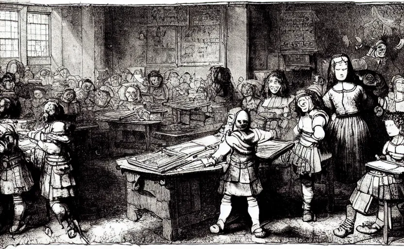 Prompt: school life on the classroom. battle angel alita. by rembrandt 1 6 6 7, illustration