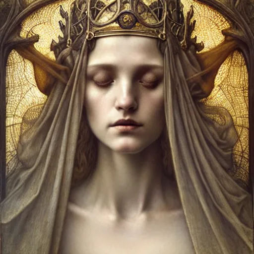 Image similar to detailed realistic beautiful young medieval queen face portrait by jean delville, tom bagshaw, brooke shaden, gustave dore and marco mazzoni, art nouveau, symbolist, visionary, gothic, pre - raphaelite, ornate gilded medieval icon, surreality, ethereal, unearthly, haunting, celestial, neo - gothic, ghostly, memento mori, nightmare