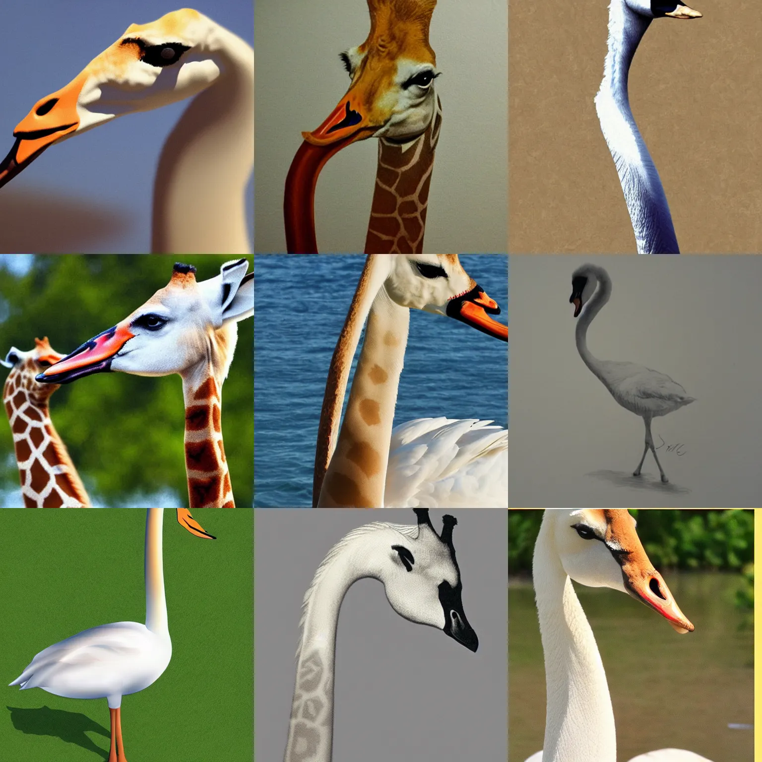 Prompt: a swan with a giraffe neck and head, realistic, detailed
