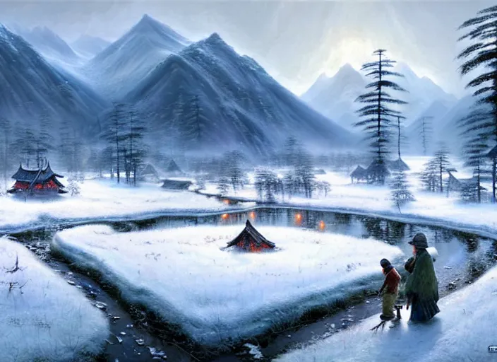 Image similar to beautiful chinese forest and a alaskan tundra snow covered landscape, with a quant village peaceful painted by greg rutkowski, makati shinkai, james gurney, wlop