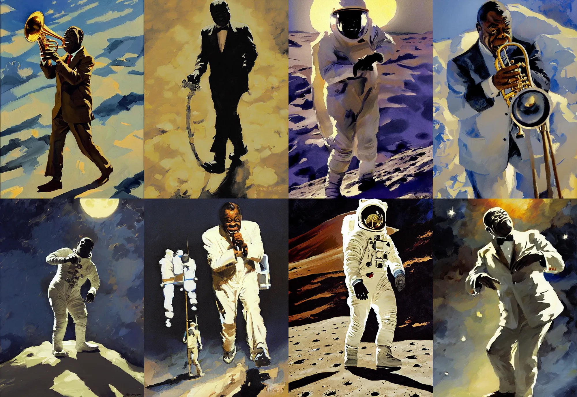 Prompt: louis armstrong walking on the moon, by greg manchess and john singer sargent and jonathan yeo, dramatic lighting, highly detailed digital painting