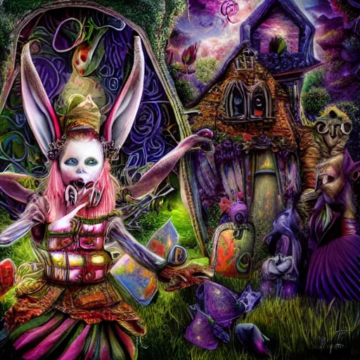 Image similar to dark fantasy, 4 k, textured 3 d, intense detail, psychedelic, alice in wonderland, white rabbit, mad hatter, amazing background, alex grey style