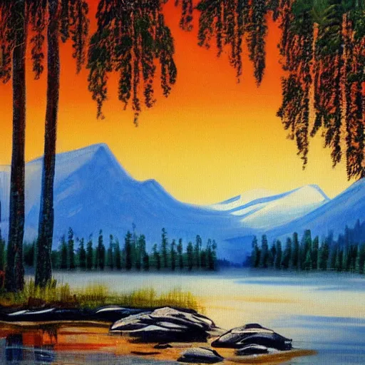 Image similar to finland, landscape painted by bob ross