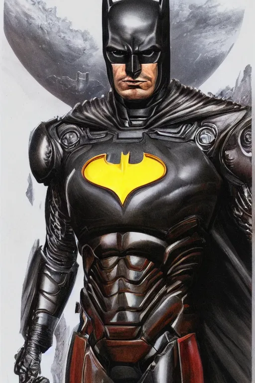 Image similar to full body concept art of Batman wearing iron man armor made with porcelain by Jeff Easley and Peter Elson + beautiful eyes, beautiful face + symmetry face + galaxy + gothic, surreal, dread + highly detailed, intricate complexity, epic composition, magical atmosphere + masterpiece, award winning + trending on artstation