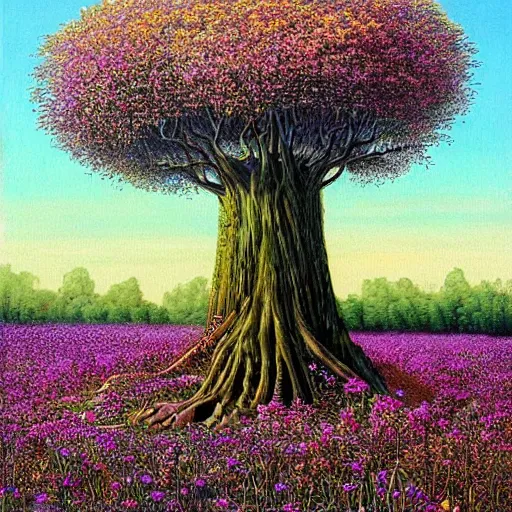 Prompt: a beautiful painting of a gigantic mystic tree in a field of flowers by moebius