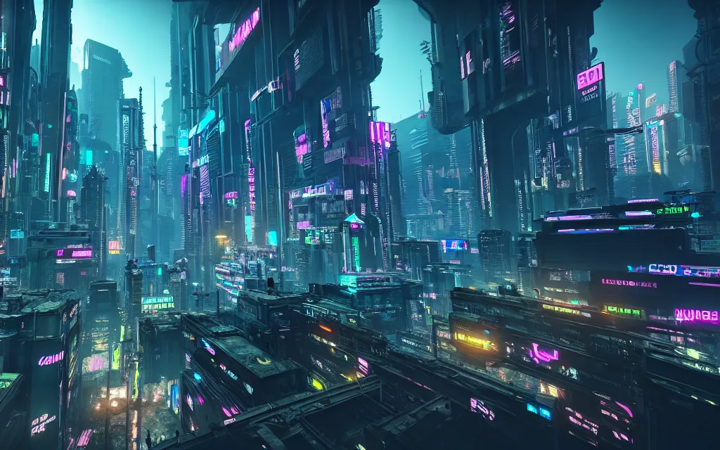 Image similar to highly futuristic cityscapes, cyberpunk aesthetics, intricate detail, neon color scheme, rendered in cryengine