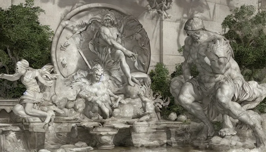 Image similar to craig mullins and studio ghibli illustration of a relief sculpture of the sun by michelangelo on top of a fountain in a garden, flowers, unreal engine, hyper realism, realistic shading, cinematic composition, realistic render, octane render, detailed textures, photorealistic, wide shot