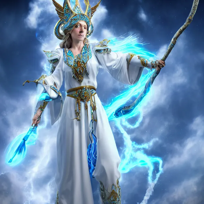 Image similar to photograph of a real - life beautiful elemental sky witch with ornate white and blue robes and staff. extremely detailed. 8 k