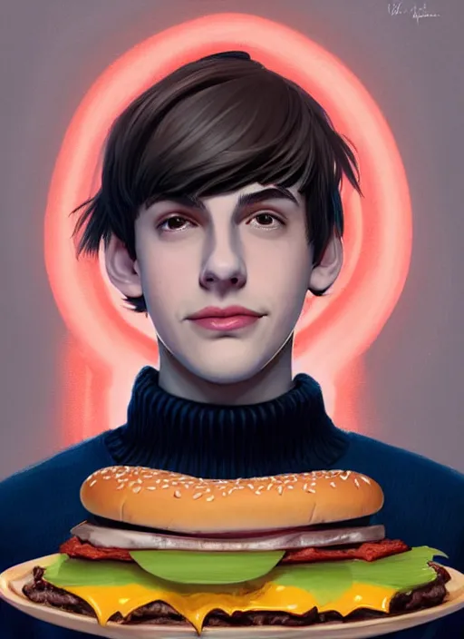 Image similar to portrait of teenage jughead jones wearing a light grey crown, crown, eating hamburger, blue turtleneck, eyes closed, crown, black hair, intricate, elegant, glowing lights, warm lighting, highly detailed, digital painting, artstation, concept art, smooth, sharp focus, illustration, art by wlop, mars ravelo and greg rutkowski