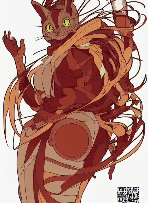 Image similar to cyber cat character design on white background, drawn by studio ghibli, alphonso mucha, lolish, trending on artstation colours red and gold