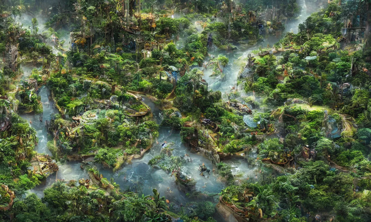 Image similar to a futuristic utopia, enchanted world, ancient amazon winding river valley deep valley taken from 3 0 meters high, otherworldly, botanical garden, waterscape, overgrowing floral lush, glistening in the morning light, 8 k, cinematic shot, weta workshop, hyper realistic, cinematography