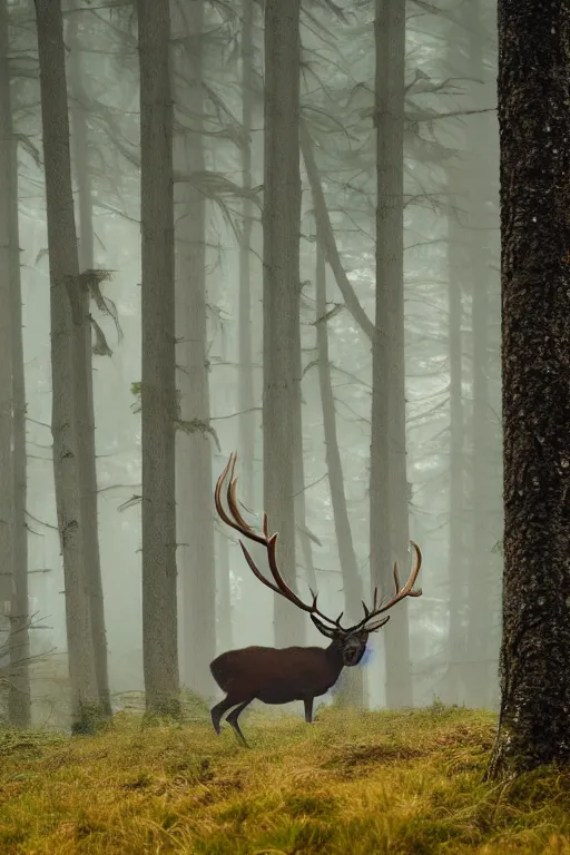 Prompt: photo of a stag with giant antlers in a pine forest in the early ours of the morning with morning fog and dew on the grass. daylight. nature. photography. national geographic. 1 0 0 mm. f / 2. 5