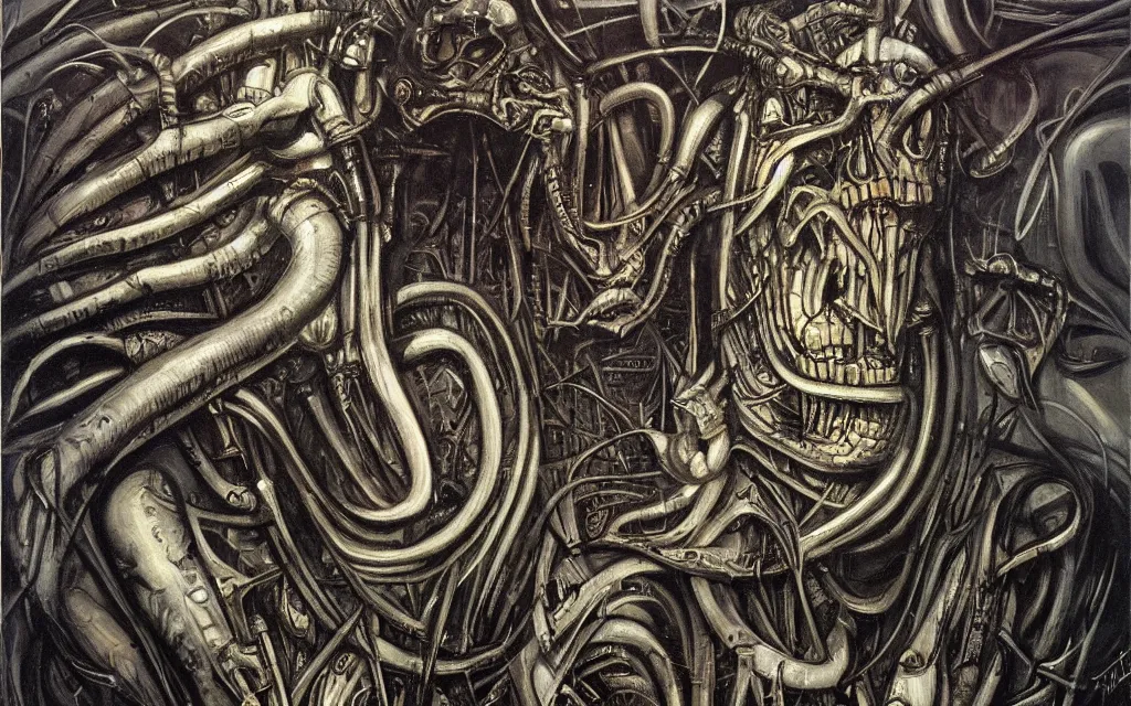 Image similar to a beautiful painting representative of the art style of h. r. giger