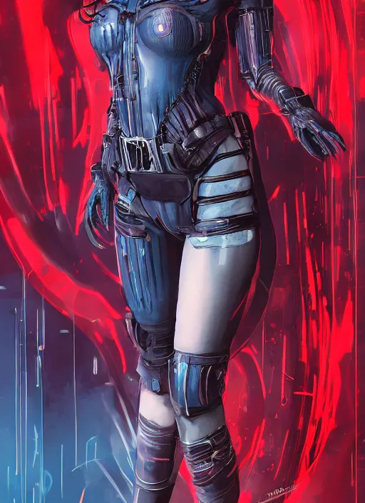 Image similar to a full body beautiful woman with red hair and blue eyes, wearing a cyberpunk outfit by hr giger, artgerm, sakimichan, weapons, electronics, high tech, cyber wear, latex dress, cosplay, batwoman, bandage, concept art, fantasy, cyberpunk