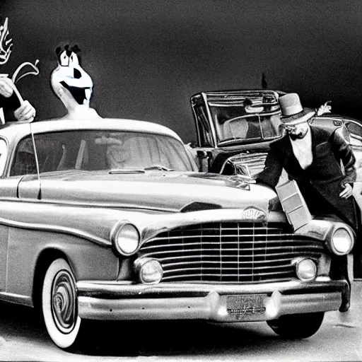 Prompt: Elmo hijacks a vintage Packard