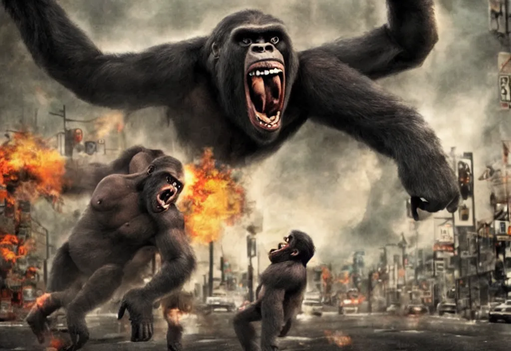 Image similar to An king Kong rage on street, Hollywood scene , cinematic , 2012, end of the world movie , full color