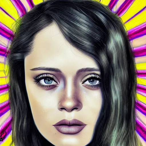 Prompt: Beautiful portrait of a cute girl, mix of Anna Karina, grimes, Lana Del Rey, in the style of Alex grey, Summer Glau, Lana Del Rey trending on ArtStation