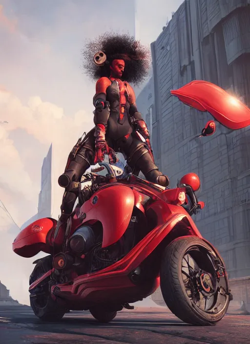 Prompt: a woman riding on the back of a red motorcycle, cyberpunk art by eddie mendoza, cgsociety contest winner, afrofuturism, rendered in unreal engine, unreal engine 5, unreal engine