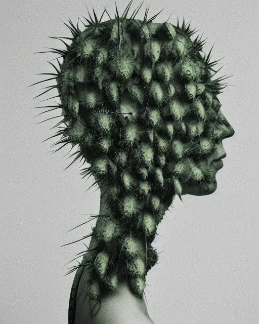 Prompt: a young woman's face in profile, made of cactus spines, in the style of the Dutch masters and Gregory Crewdson, dark and moody