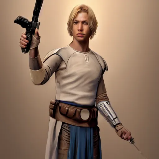 Image similar to a young blonde male jedi with short hair standing still, over the shoulder shot, ots shot, third-person shot, full-length, head-to-toe, full body photography, extremely long shot, long shot, concept art by Doug Chiang cinematic, realistic painting, high definition, concept art, the Mandalorian concept art style