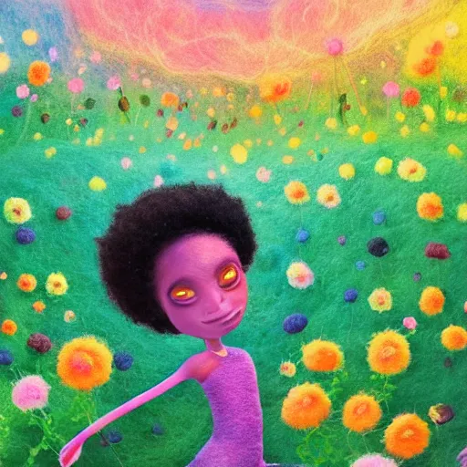 Prompt: a black girl with big cute! eyes and a colorful afro chasing fireflies through a field of flowers at sunset, bright colors, synthwave, watercolor, volumetric wool felting, felt, macro photography, children illustration, global illumination, radiant light, detailed and intricate environment, by goro fujita, bokeh!!!!