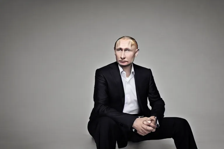 Image similar to a medium low angle shot of Vladimir putin sitting in squat position, looking at the camera, lit from below, editorial fashion photography, 8k, black background