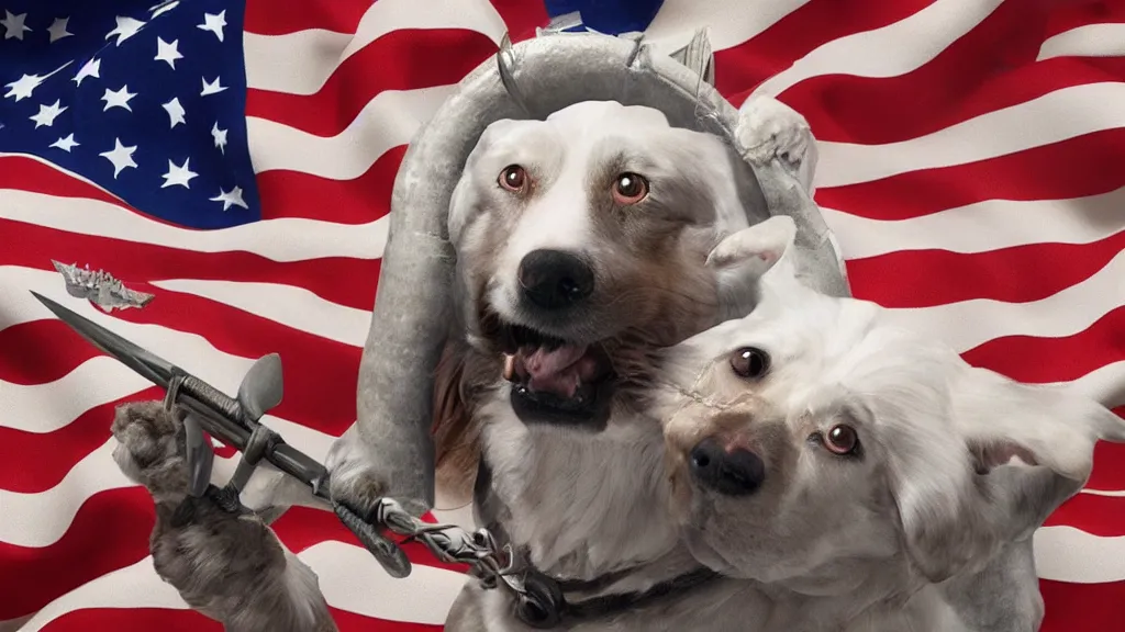 Image similar to a dog with a trident sitting on top of a bald eagle, patriotic, highly detailed, unreal engine