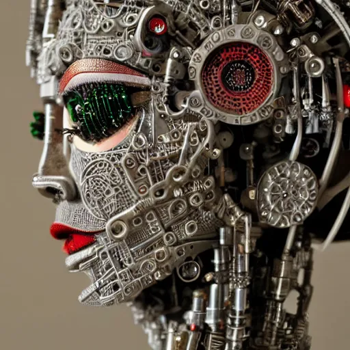 Prompt: close - up side view portrait of cyborg ( ( ( ( ( ( ( geisha ) ) ) ) ) ) ), robotic, machina, super intricate ornaments artwork.