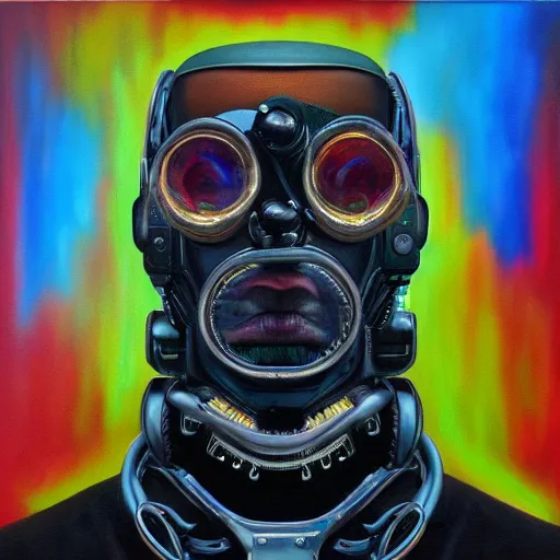 Image similar to a realistic oil painting of a black man as a cybernetic cyborg, surrealism portrait, surrealism album cover