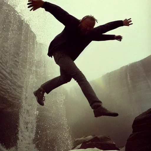 Prompt: giant Thom Yorke jumping down a waterfall, a photo by John E. Berninger, trending on pinterest, private press, associated press photo, angelic photograph, masterpiece