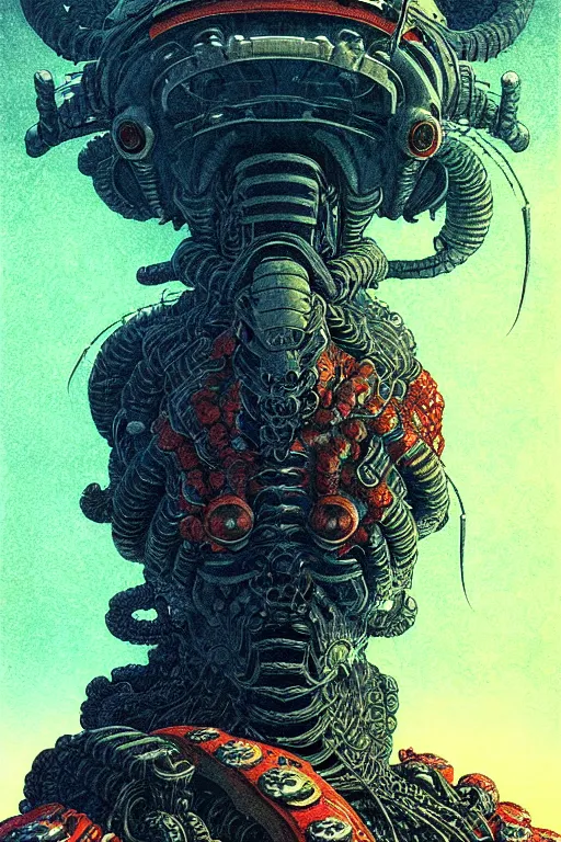 Image similar to japanese oni, character portrait, portrait, close up, concept art, intricate details, highly detailed, soft light, vintage sci - fi poster, in the style of chris foss, rodger dean, moebius, michael whelan, and gustave dore