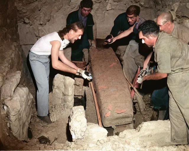 Prompt: vintage 3 5 mm color photo of a team of archaeologists opening up a sarcophagus in an egyptian tomb