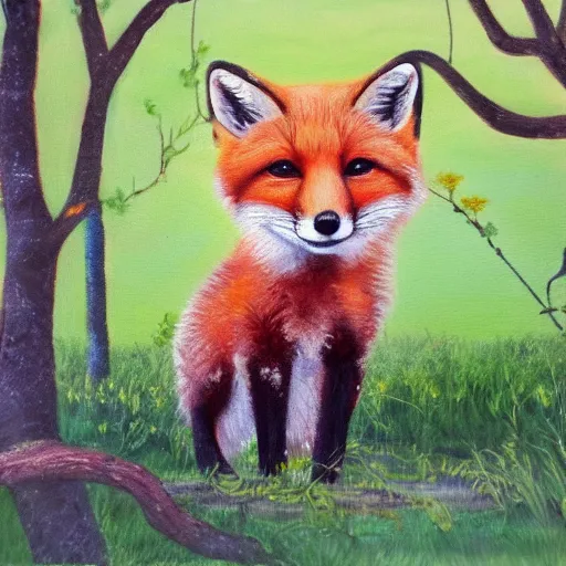 Prompt: cute small red fox in the middle of a white magnolia forest, wide shot, fantasy, oil on canvas