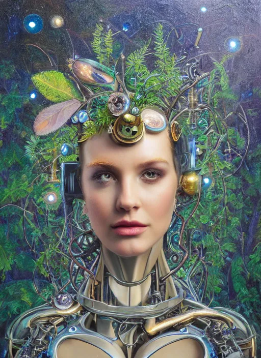 Prompt: oil painting of beautiful female robot covered by plants and crystals in the mystical forest, beautiful symmetrical face, chrome parts, opal crystals, renaissance style, golden steampunk, retro futurism, sci - fi, filigree jewellery, baroque, cinematic light, mystical shadows, 8 k