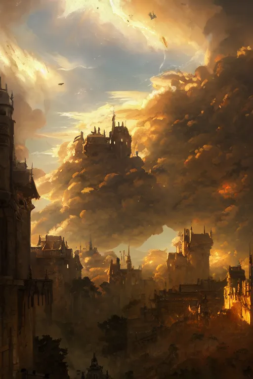 Prompt: baroque oil painting of anime key visual environment concept art of anime rail canon artillery firing over castle walls, smoke debris, grimdark steampunk fantasy, battlefield, trending on artstation, brush strokes, oil on canvas, style of kawacy and makoto shinkai and greg rutkowski and studio ghibli