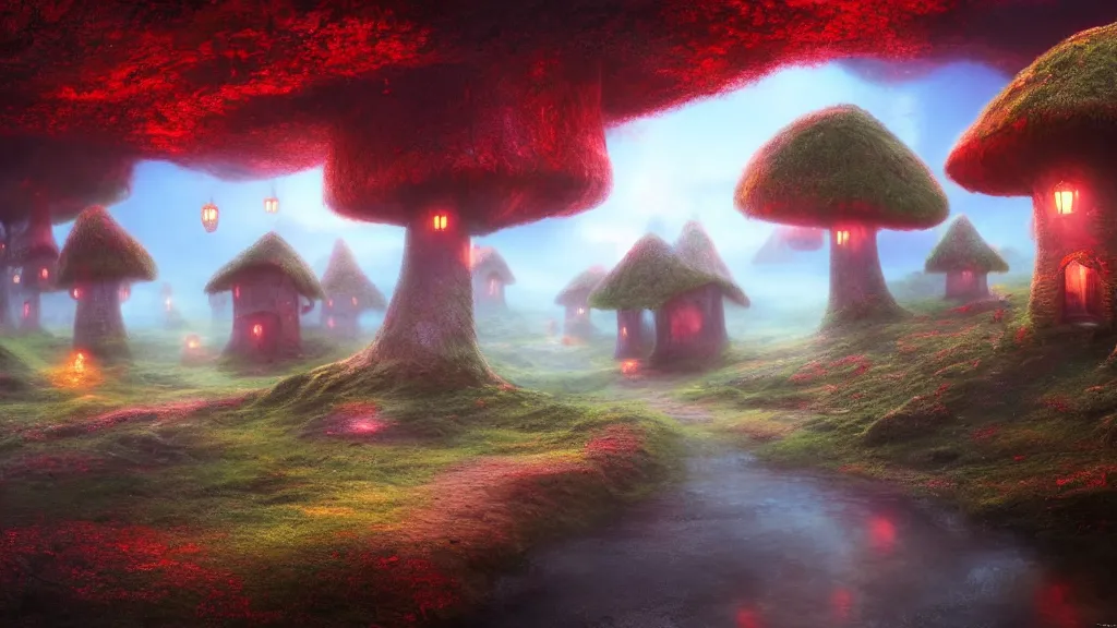 Image similar to fantasy red toadstool cottages world suspended in the air, foggy atmosphere, volumetric lighting, fantasy artwork, very beautiful scenery, hd, hdr, unreal engine 5, cinematic 4k wallpaper, 8k, ultra detailed, high resolution, artstation