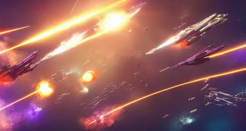 Prompt: a view of an epic space battle with missle trails lasers and explosion, by elite dangerous, kitbash 3 d texture vibrant, colorful, utopian scifi spaceship inspired by jupiter ascending, the culture, matrix, star wars, ilm, star citizen halo, mass effect, starship troopers, elysium, the expanse, high tech research, artstation, cryengine, frostbite engine
