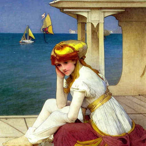 Image similar to A jester girl behind the beach castle balustrade, sail boat on the background, major arcana clothes, by paul delaroche, alphonse mucha and arnold böcklin arnold böcklin hyperrealistic 8k, very detailed